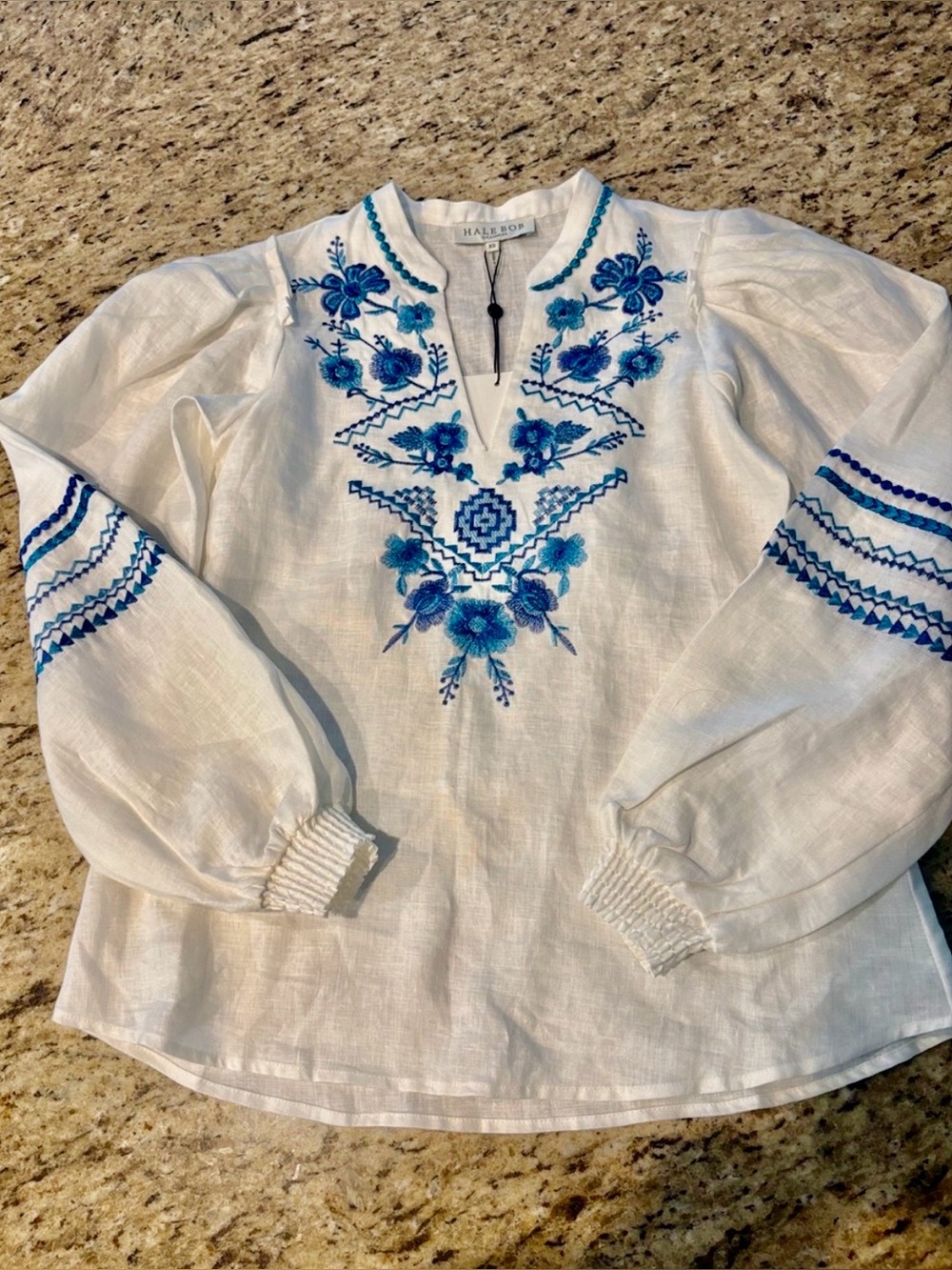100% Linen | Hale Bob Tunic with Blue Floral Embroidery